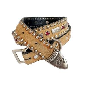 VTG 1997 Woof Wear XL Leather Dog Collar 29" x 1" Studded Tan Silver Red Western